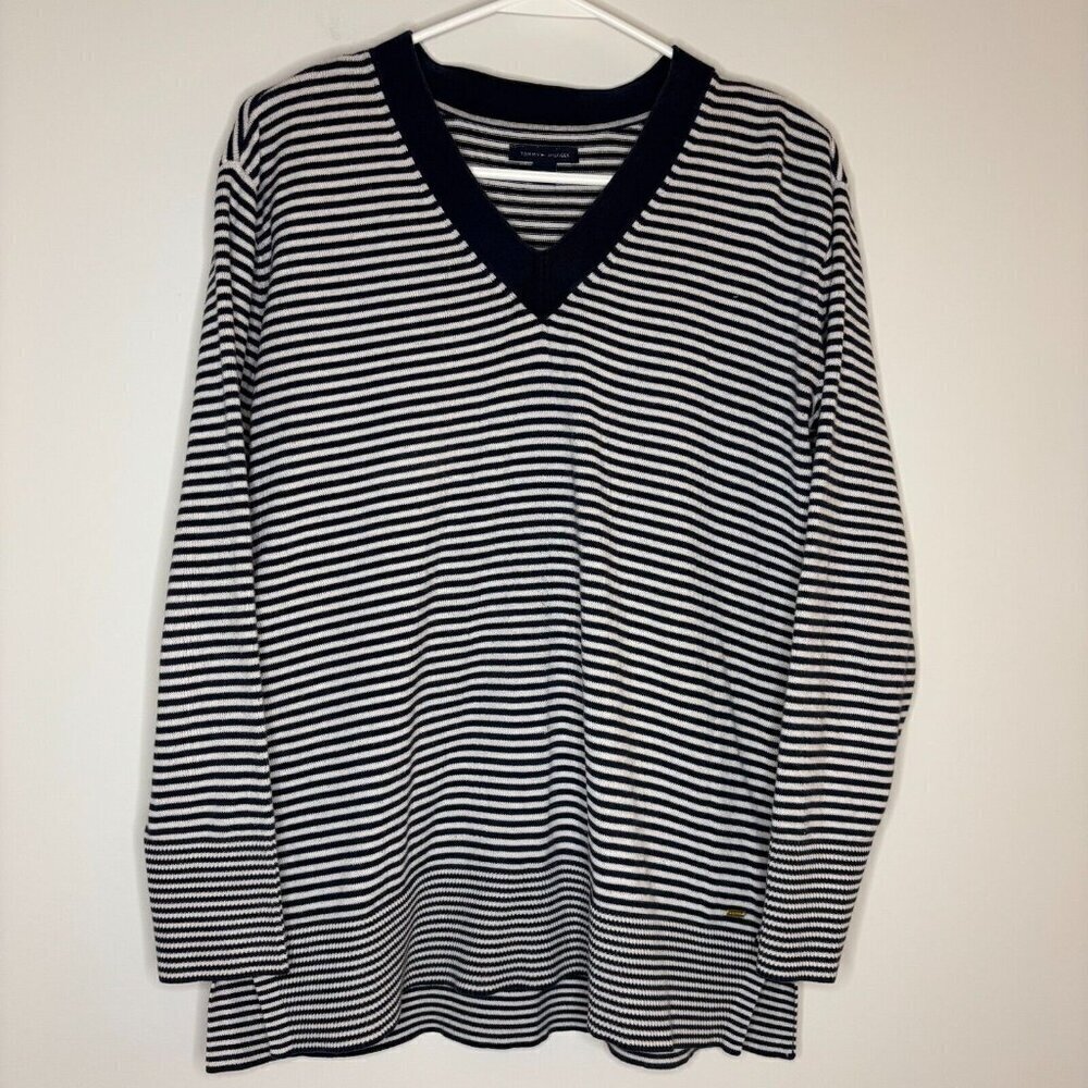 TOMMY HILFIGER Striped Sweater V-Neck Long Sleeve Navy White Sz Medium